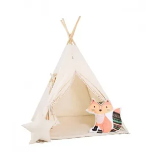 Detský teepee stan Cream cloud pompom + podložka, dekoračné vankúšiky fox