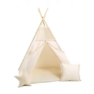 Detský teepee stan Krémový pompom + podložka, dekoračné vankúšiky