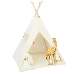 Detský teepee stan Krémový so strapcami + podložka, dekoračné vankúšiky žirafa