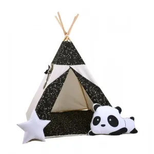 Detský teepee stan Nočná obloha + podložka, dekoračné vankúšiky panda