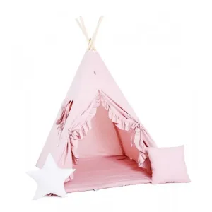 Detský teepee stan Ružový s volánikom + podložka, dekoračné vankúšiky