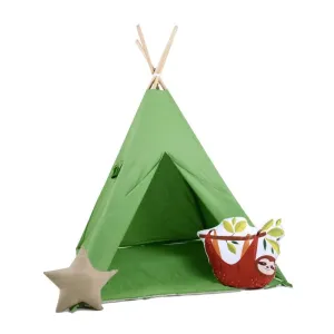 Detský teepee stan Zelený + podložka, dekoračné vankúšiky leňochod
