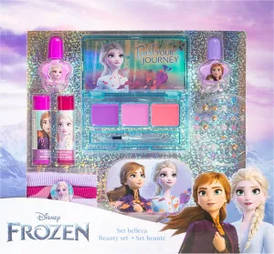 DISNEY Frozen Beauty 3 x lesk na pery + 2 x balzam na pery + 2 x lak na nechty + pilník na nechty + nálepky na nechty + 3 x gumička Darčekové balenie