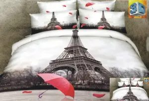 Bielo hnedé posteľné obliečky s motívom mesta Paríž a červeným dáždnikom 160 x 200 cm