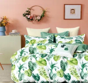 Kvalitné bielo zelené bavlnené posteľné obliečky s motívom listov  2 časti: 1ks 140 cmx200 + 1ks 70 cmx80