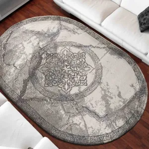 Luxusný sivý oválny koberec s originálnym vzorom