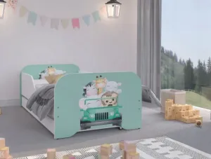 Nádherná detská posteľ 160 x 80 cm s mentolovým čelom a safari zvieratkami