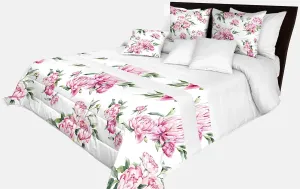 Prehoz na posteľ v krásnej bielej farbe s potlačou ružových kvetín a zelených listov Šírka: 170 cm | Dĺžka: 210 cm