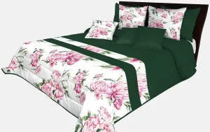 Prehoz na posteľ v krásnej tmavo zelenej farbe s potlačou ružových kvetín a zelených listov Šírka: 220 cm | Dĺžka: 240 cm