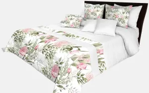 Prešívaný prehoz na posteľ v bielej farbe s krásnymi ružovými kvetinami Šírka: 200 cm | Dĺžka: 220 cm