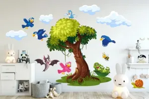 Nálepka na stenu pre deti strom a veselé vtáčiky #6146080
