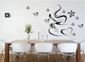 Nálepka na stenu do kuchyne šálka kávy so srdcom a motýľmi #6146236