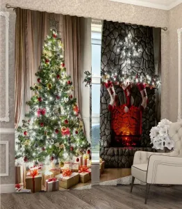 Závesy s 3D motívom vianočného stromčeka a krbu