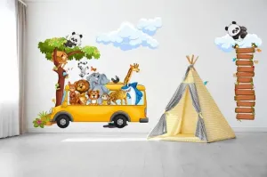 Nálepka na stenu pre deti veselé safari zvieratká v autobuse #6146102