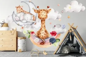 Nálepka na stenu so sloníkom a žirafou v oblakoch #6146030