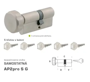 Bezpečnostná vložka DK - AP2pro S G - s gombíkom NIM - nikel matný | MP-KOVANIA.sk