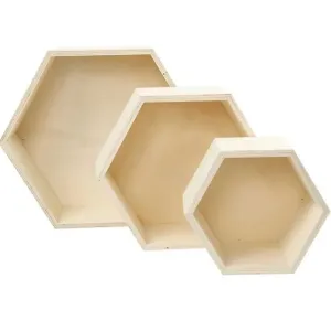 Drevené úložné boxy 3 ks | šesťuholníkový tvar (poličky zo svetlého dreva)