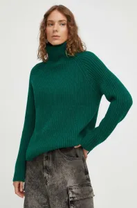 Vlnený sveter Drykorn dámsky, zelená farba, teplý, s rolákom #8405884