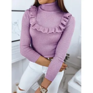 Rebrovaný dámsky sveter fialovej farby s ozdobným volánom #6665343