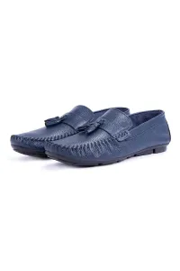Ducavelli Noble Genuine Leather Men's Casual Shoes, Roque Loafers Navy Blue