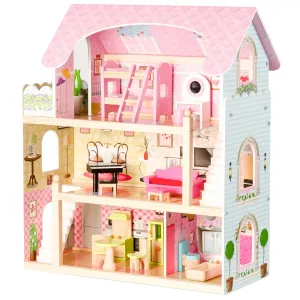 Drevený domček v ružovej farbe s bábikami