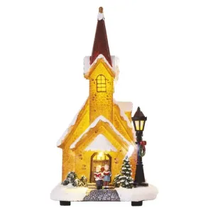 EMOS LED zasnežený vianočný kostol, 26 cm, 3× AA, vnútorná, teplá biela