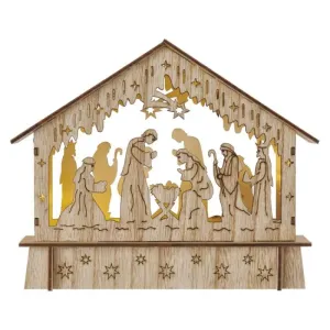LED vianočný betlehem drevený, 15 cm, 2x AA, vnútorný, teplá biela, časovač #7761456