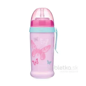 Canpol Babies nevylievacia fľaša so slamkou Motýle, rúžová 12m, 350ml