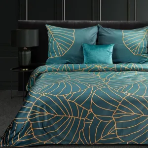 Kvalitné tyrkysovo zelené posteľné obliečky bavlnený satén s motívom botanických listov 3 časti: 1ks 160 cmx200 + 2ks 70x80