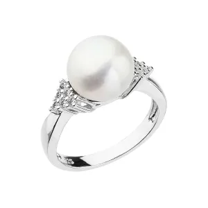 Evolution Group Strieborný prsteň s bielou riečnou perlou a zirkónmi 25002.1 52 mm