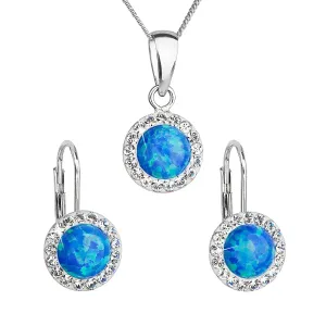 Sada šperkov so syntetickým opálom a kryštály Preciosa náušnice, prívesok a retiazka modré okrúhle 39160.1