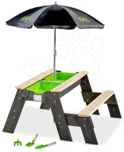 Pieskovisko cédrové stôl na vodu a piesok Aksent sand&water table Exit Toys piknikové so slnečníkom lavicou a krytom s doplnkami