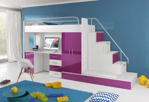Expedo Detská poschodová posteľ DARCY V P1 COLOR, 80x200 cm, univerzálna orientácia, biela/fialový lesk