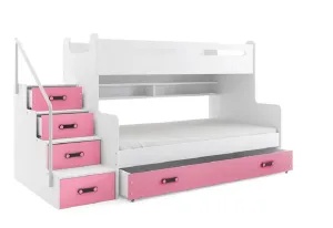 Expedo Poschodová posteľ XAVER 3 COLOR + úložný priestor + matrac + rošt ZADARMO, 120x200 cm, biela, ružová