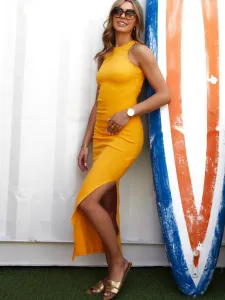 Fitted basic dress with a cut-out on the back mustard #7362658