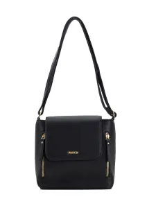 Black messenger bag with decorative zippers