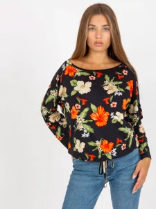 Black blouse RUE PARIS with long sleeves and flowers #4769109