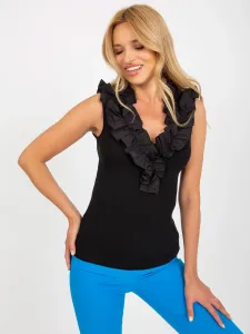 Black ribbed top with ruffles at neckline