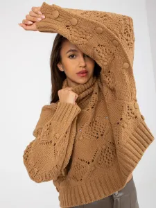 Camel openwork sweater with turtleneck and wide sleeves