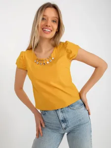 Dark yellow formal blouse with application and short sleeves #6307609