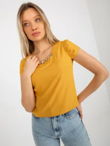 Dark yellow short formal blouse with necklace