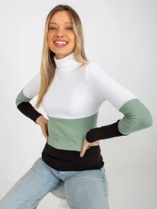 Ecru-pistachio women's ribbed basic turtleneck blouse