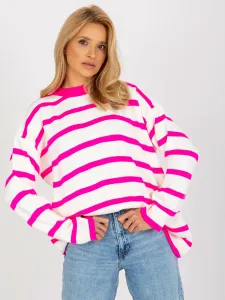 Fluo pink and ecru striped oversized sweater with stand-up collar by RUE PARIS