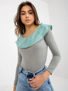 Grey and mint blouse with lace trim #7393793