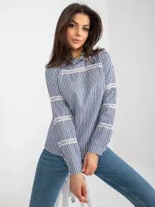 Lady's dark blue and white striped shirt with lace