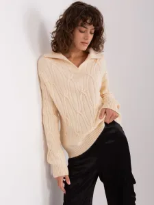 Light beige cable knit sweater with collar