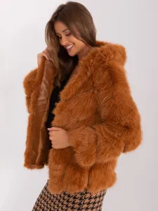 Light brown eco-fur jacket with hood #8355502