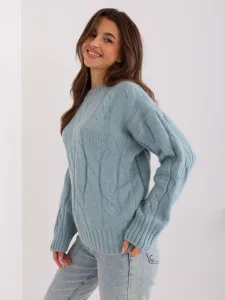 Mint sweater with cables and round neckline