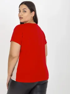 Red and beige T-shirt of larger size with a round neckline