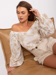 White and beige formal blouse with puffed sleeves